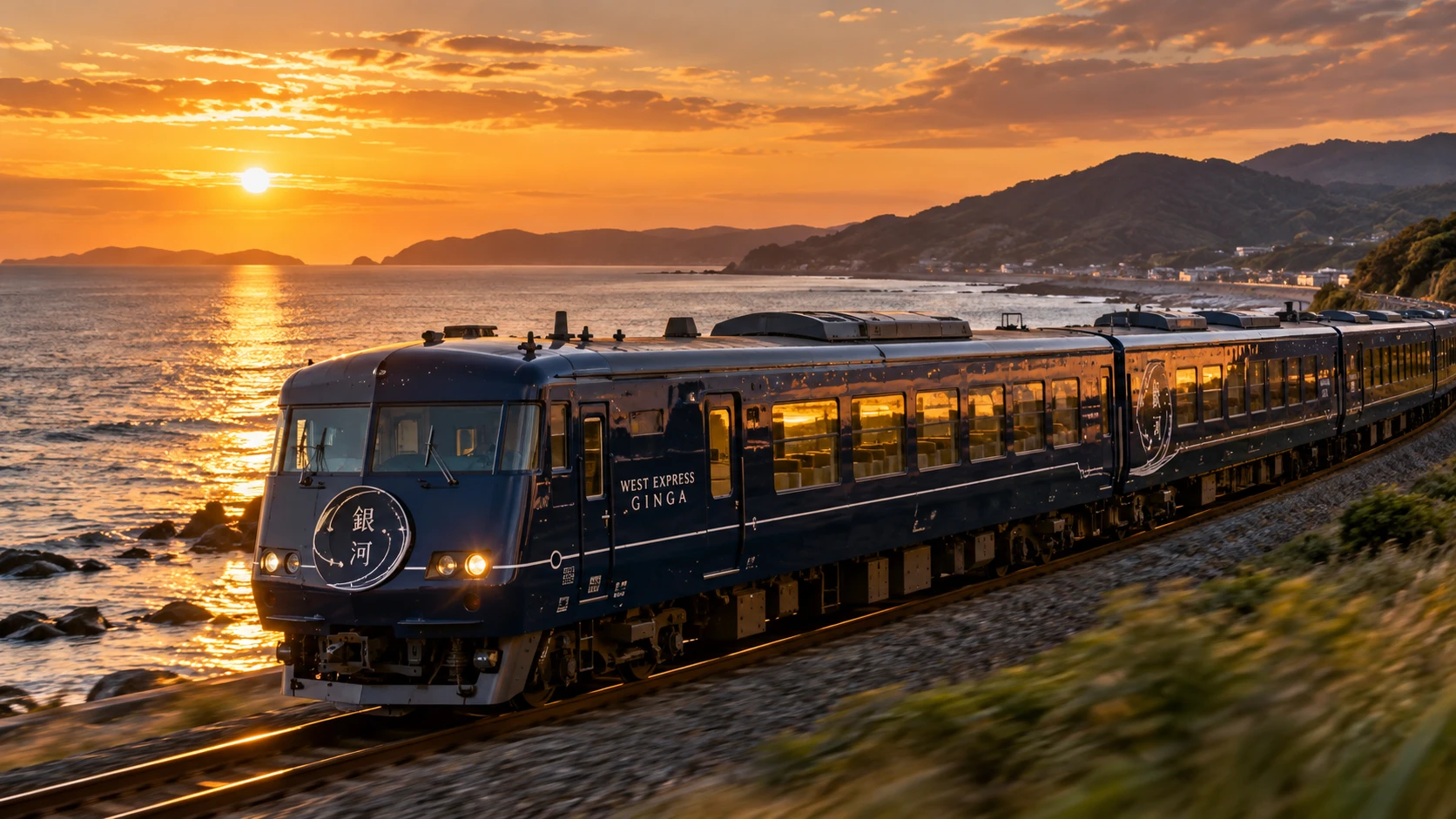 夕暮れの海沿いを走る列車