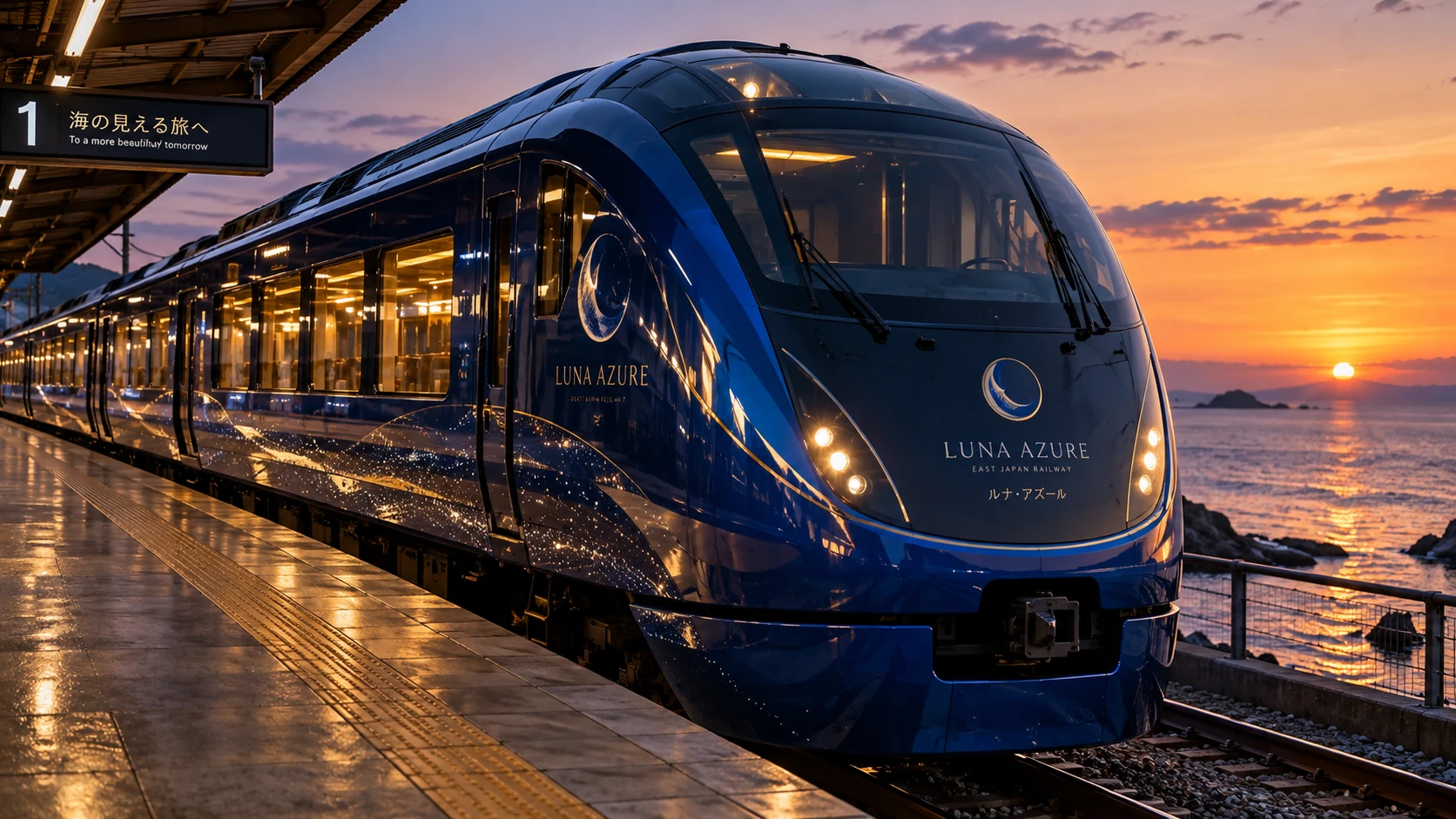 海の見えるホームに停まる列車