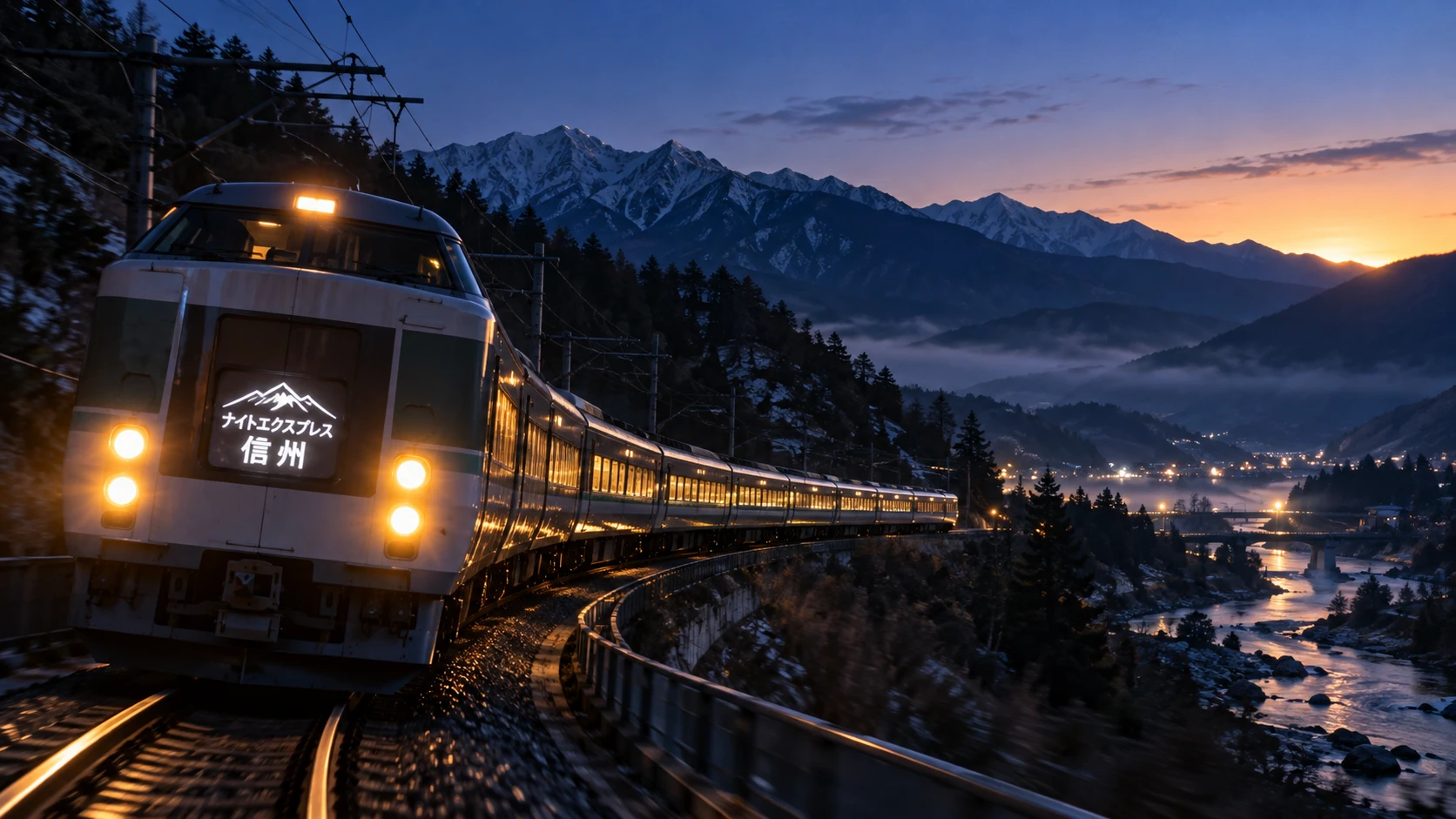 夜明け前の山あいを走る夜行列車