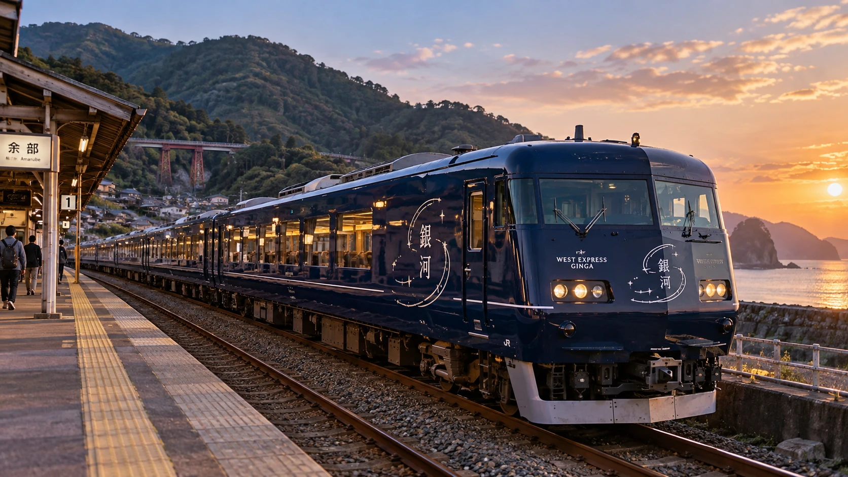 海辺の駅に停まる夜行列車